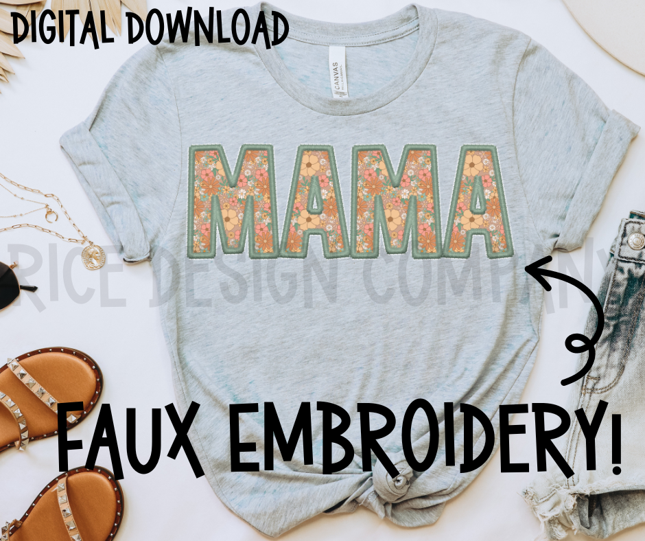 Green Retro Floral Faux Embroidery MAMA - Digital Download
