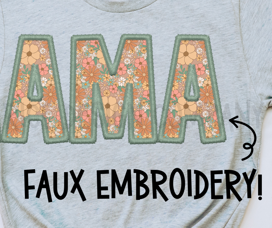 Green Retro Floral Faux Embroidery MAMA - Digital Download