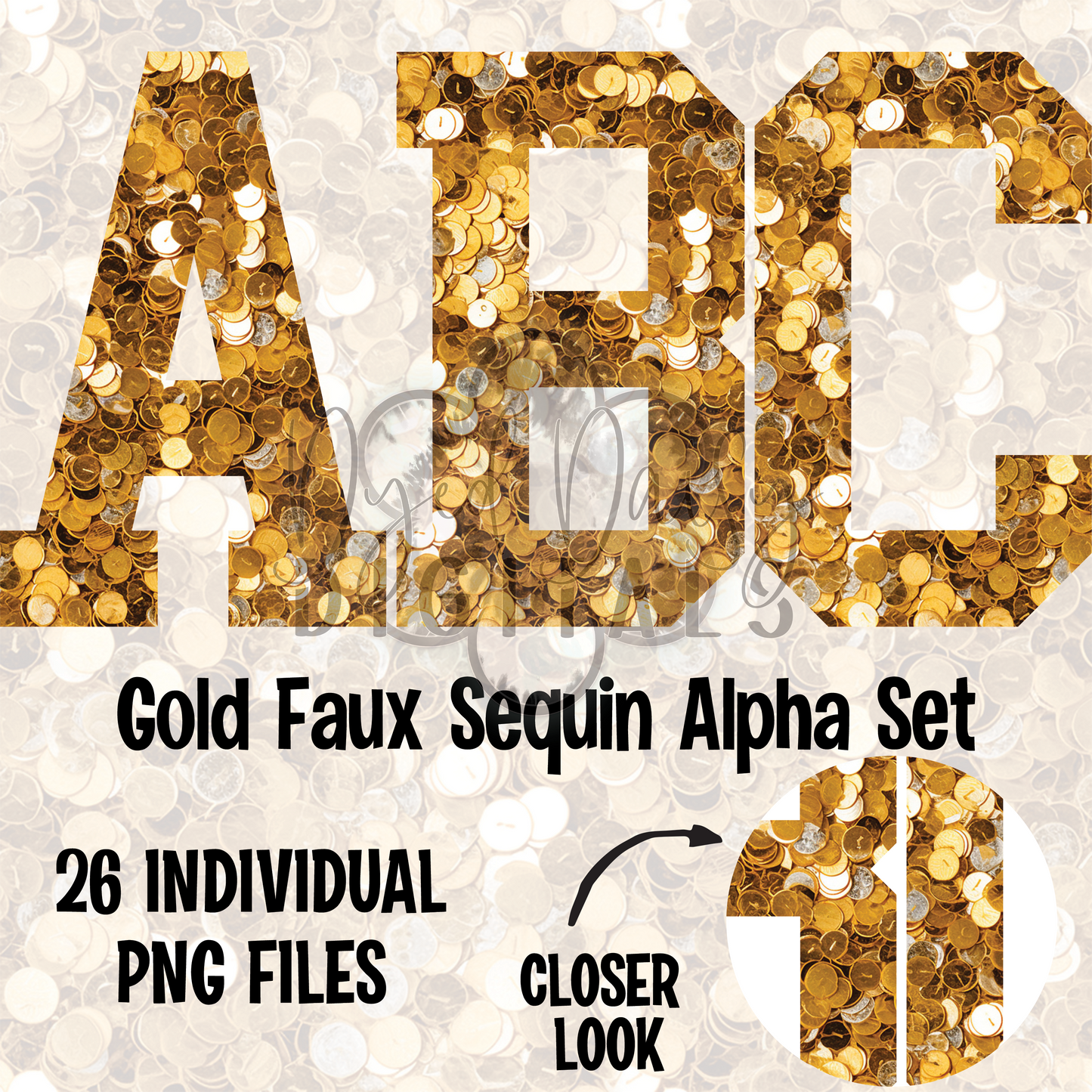 Gold Varsity Faux Sequins Alpha Set Digital Download