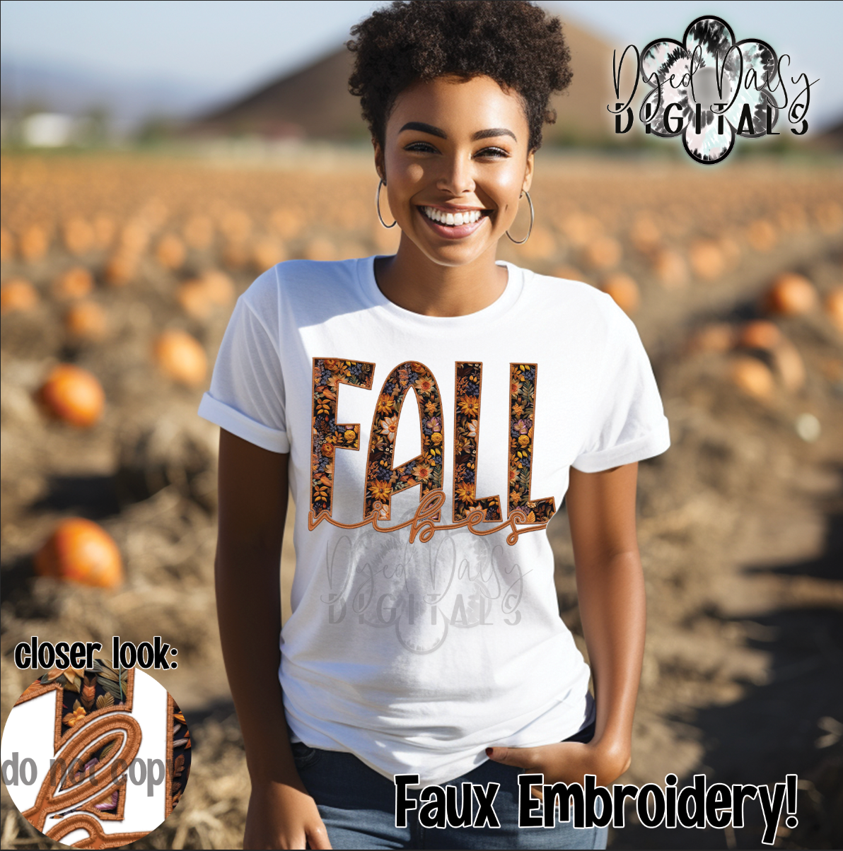 Fall Vibes Fallish Flowers Pattern - Faux Embroidery - Digital Download