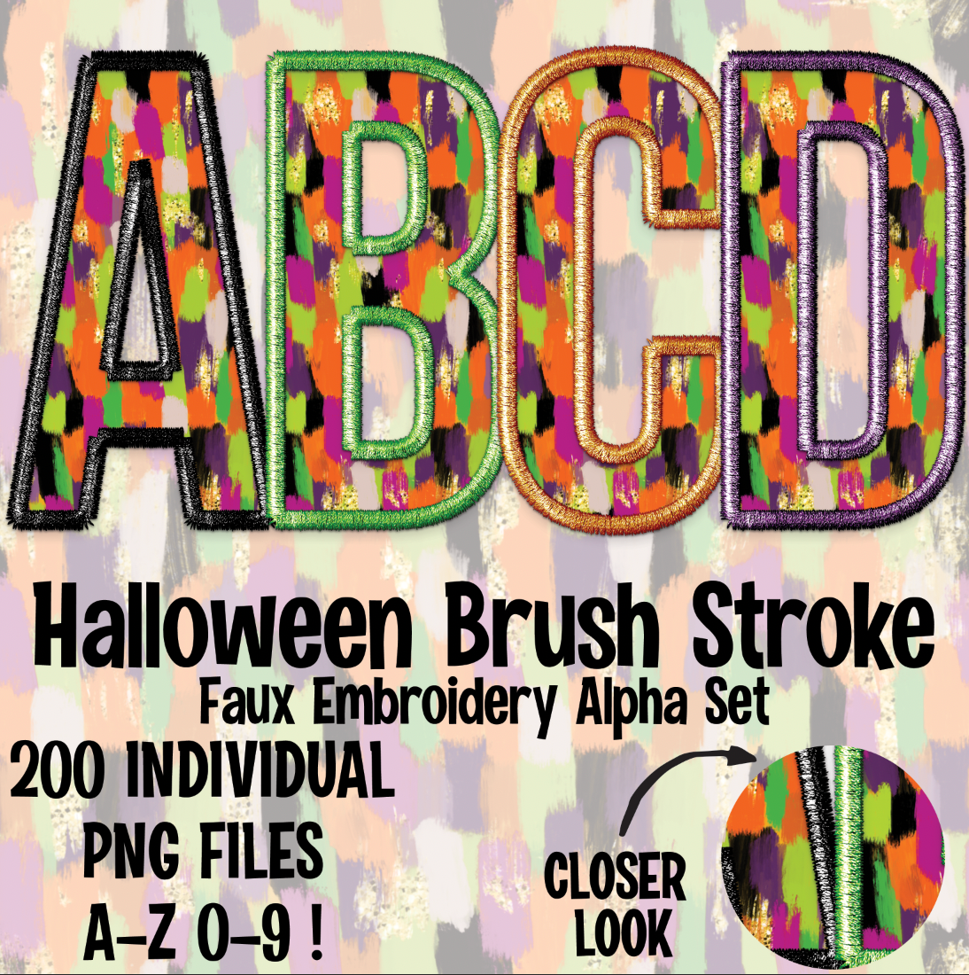 Halloween Brush Strokes Faux Embroidery Alpha Set Digital Download