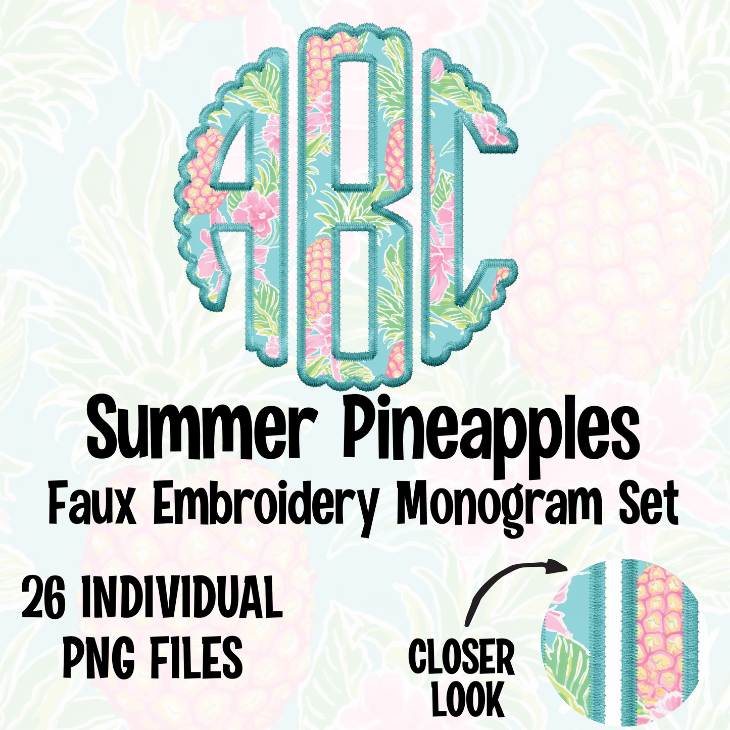 Summer Pineapples Faux Embroidery Scalloped Monogram Digital Download