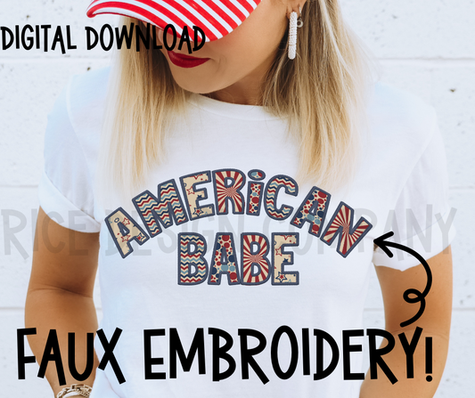 Patriotic American Babe Faux Embroidery -  Digital Download