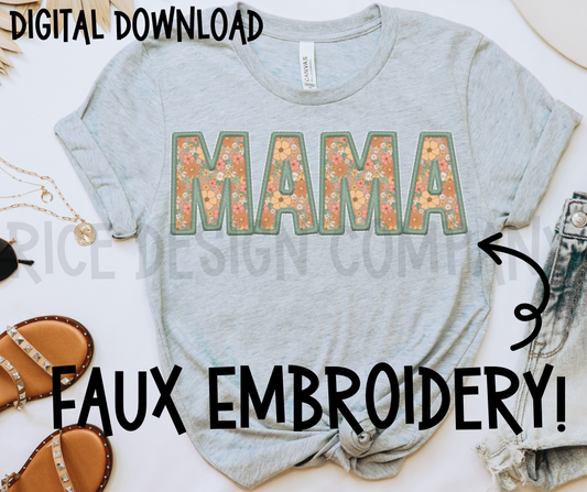 Green Retro Floral Faux Embroidery MAMA -  Digital Download