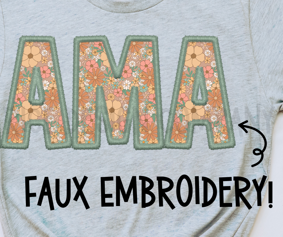 Green Retro Floral Faux Embroidery MAMA -  Digital Download