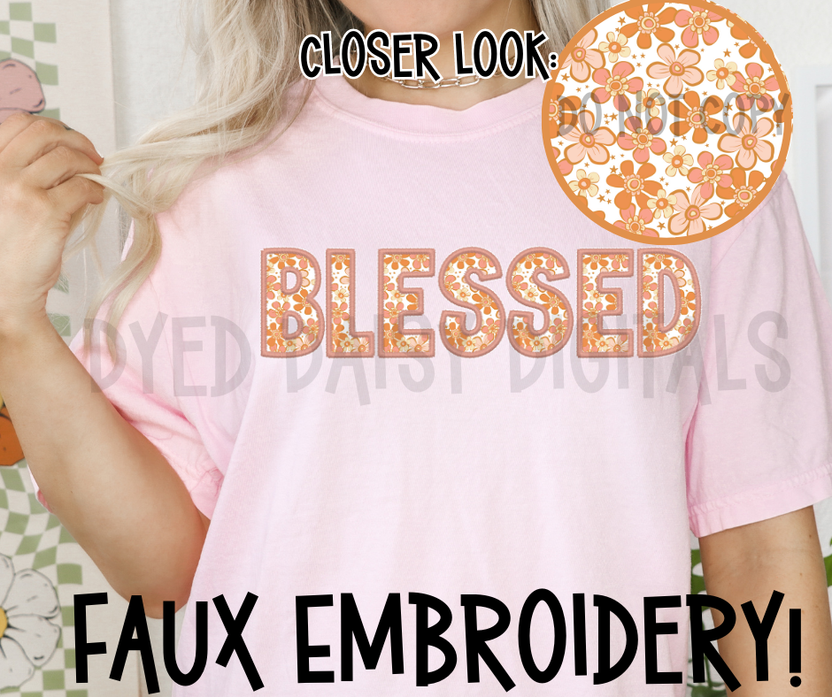 Retro Daisy Faux Embroidery BLESSED Digital Download