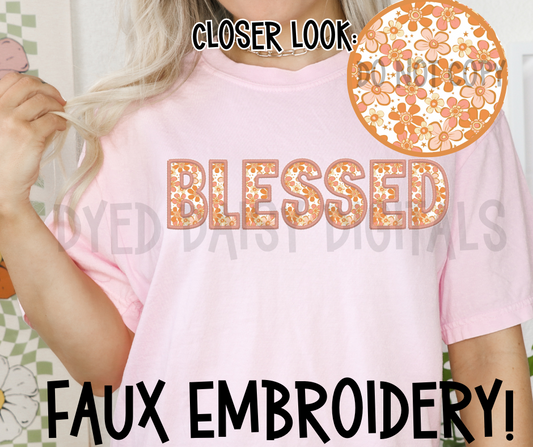 Retro Daisy Faux Embroidery BLESSED Digital Download