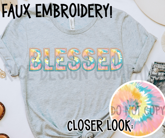 Rainbow Spiral Faux Embroidery BLESSED -  Digital Download