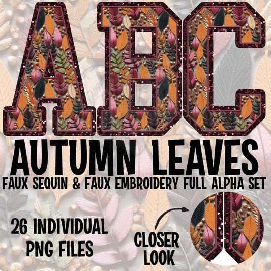 Autumn Maroon Leaves Faux Sequins Faux Embroidery Alpha Set Digital Download