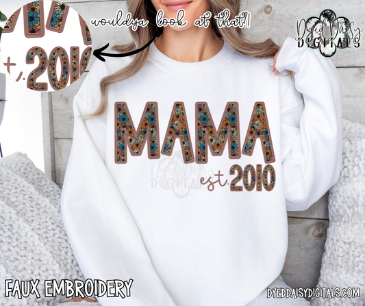 Mama Est. (with numbers for date!) Vintage Floral Cowprint Faux Embroidery Digital Download