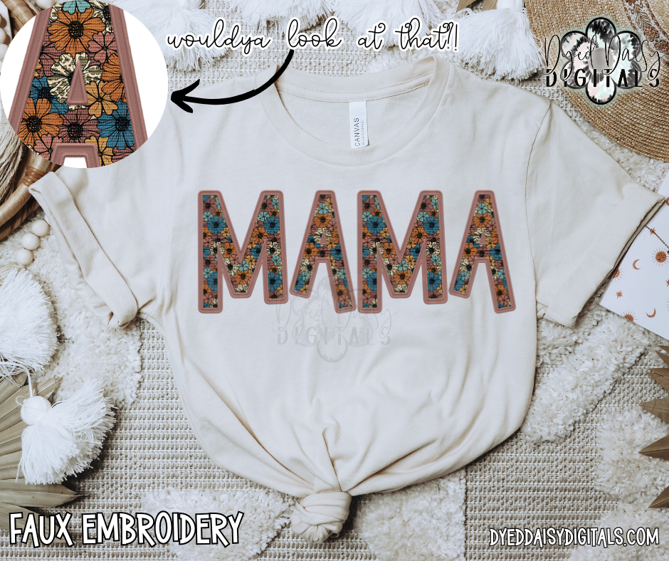 Vintage Floral Cowprint MAMA Faux Embroidery Digital Download