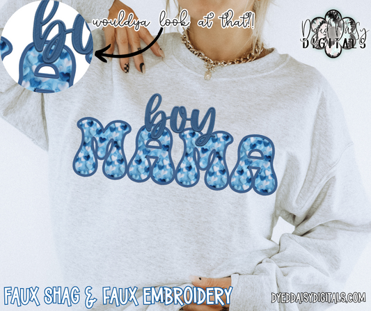 Blue Fuzzy Hearts MAMA of bo ys Faux Embroidery & Faux Shag Digital Download