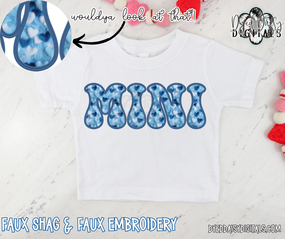 Blue Fuzzy Hearts Mini Faux Embroidery & Faux Shag Digital Download