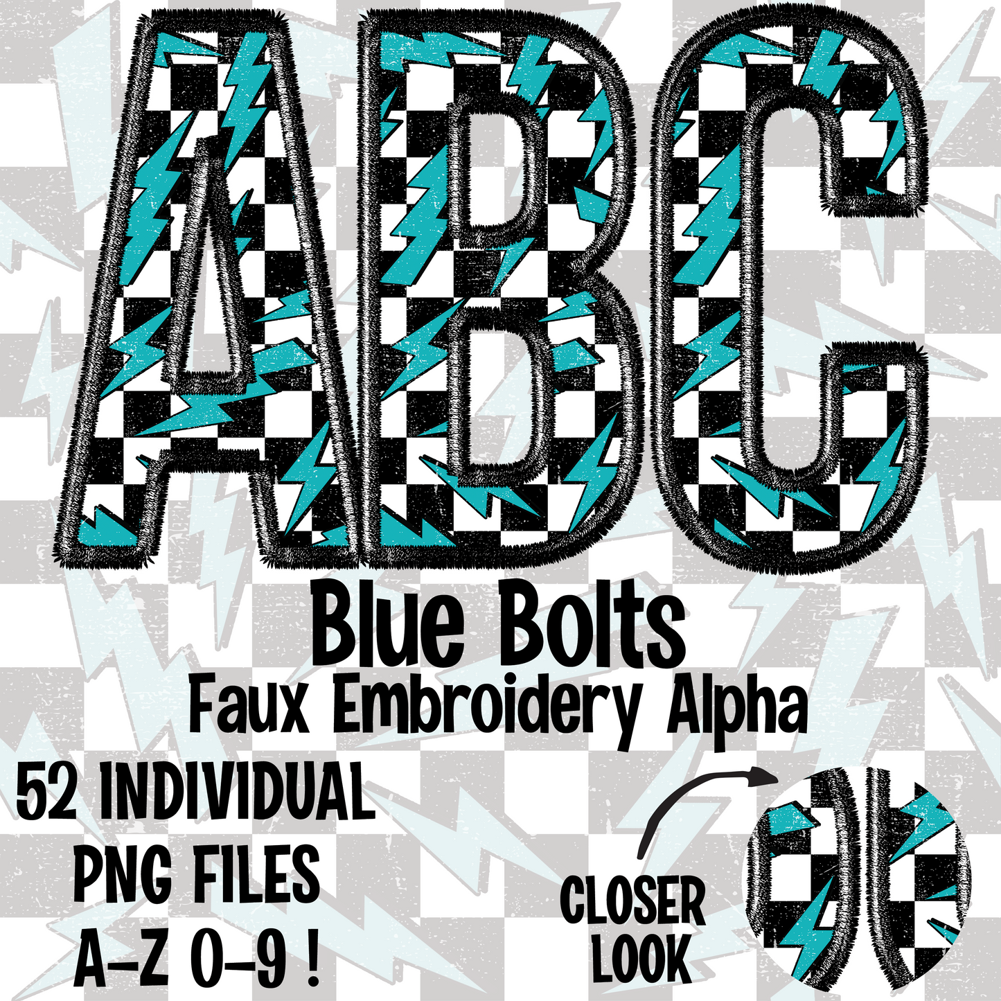 Blue Bolts Faux Embroidery Alpha Set Digital Download