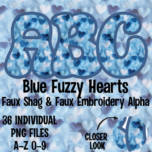 Blue Fuzzy Hearts Faux Shag & Faux Embroidery Alpha Set Digital Download