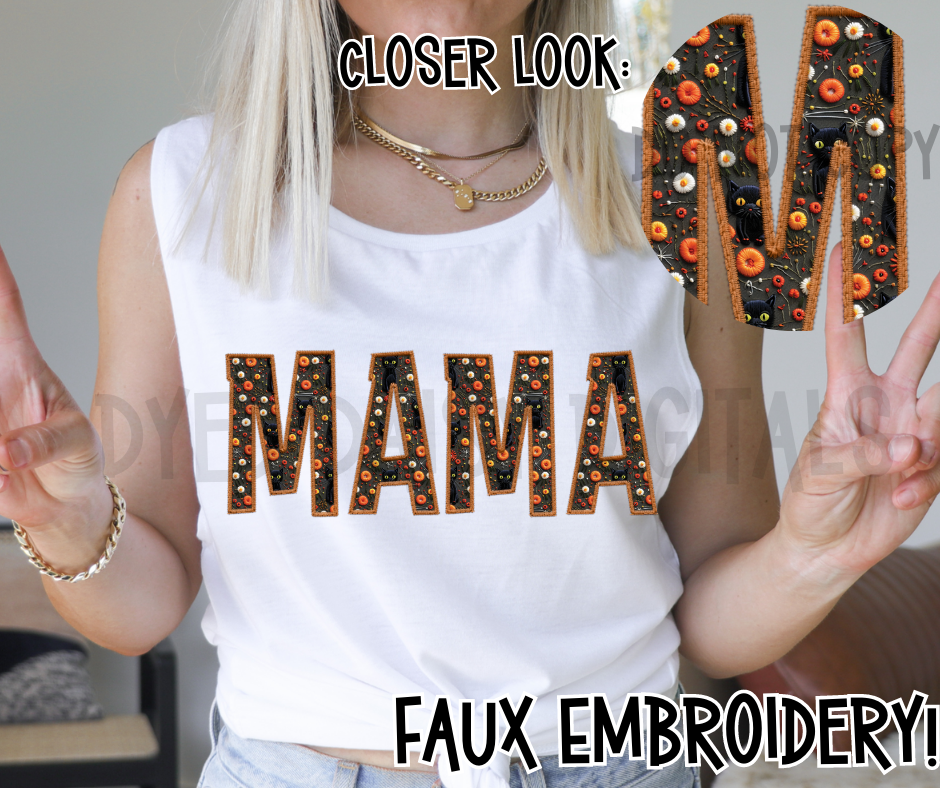 Black Cat Faux Embroidery MAMA-  Digital Download