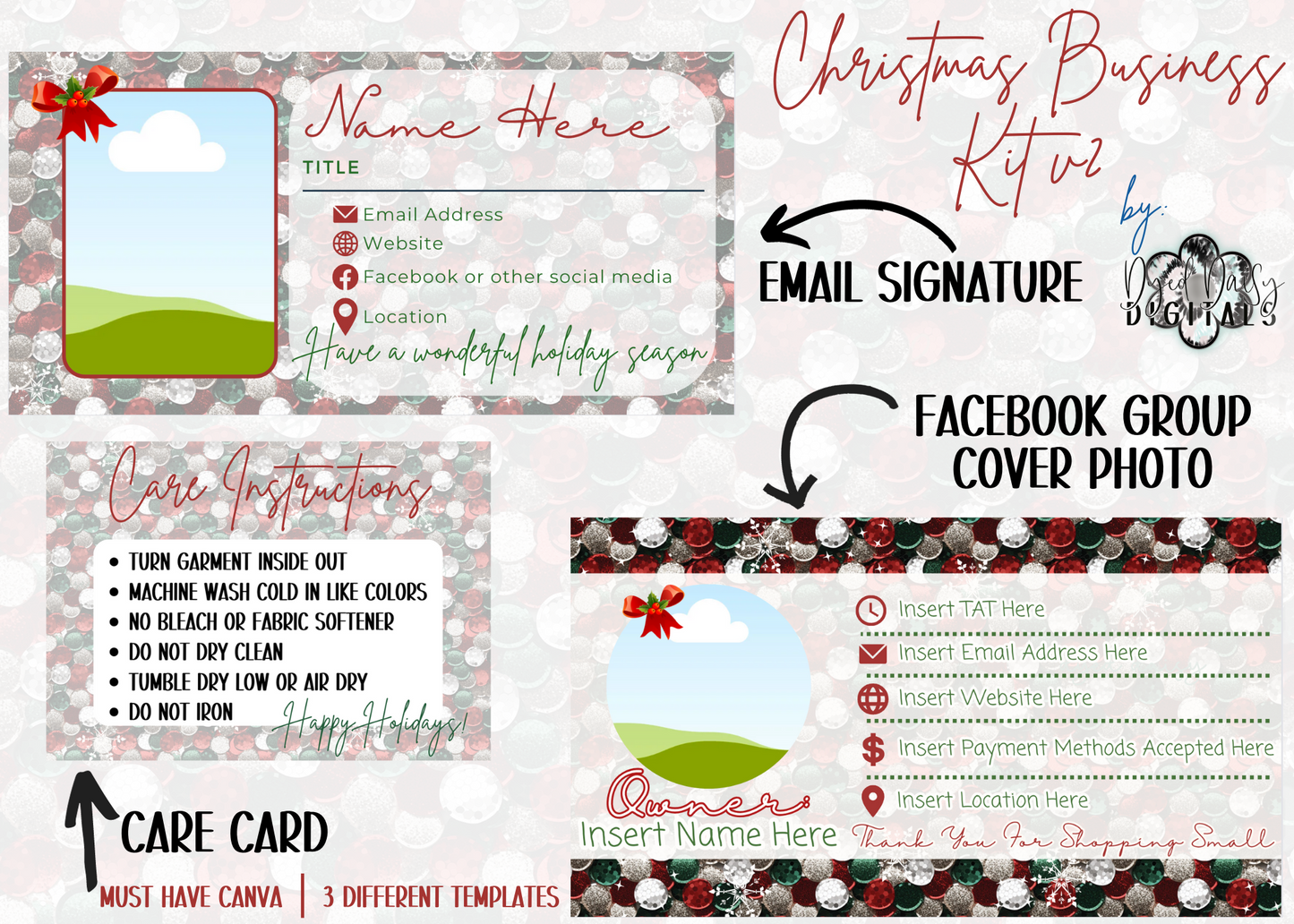 Christmas version 2 Business Kit Canva Templates - Includes Facebook Group Cover Photo, Email Signature, and Care Card Must have Canva!