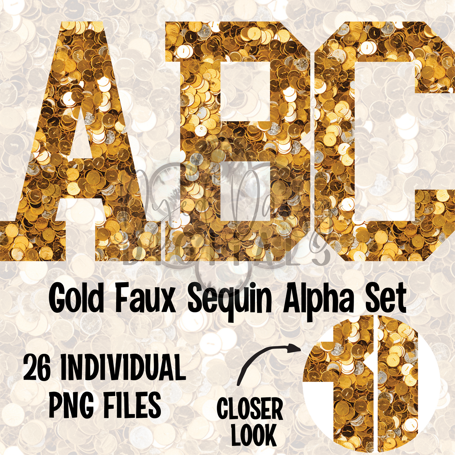 Gold Varsity Faux Sequins  Alpha Set Digital Download