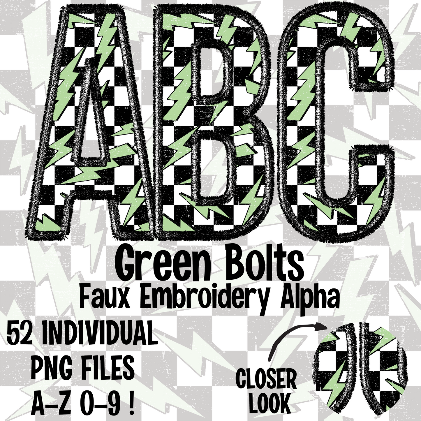 Green Bolts Faux Embroidery Alpha Set Digital Download