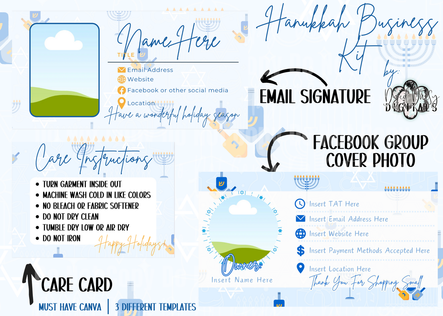 Hanukkah Business Kit Canva Templates - Includes Facebook Group Cover Photo, Email Signature, and Care Card Must have Canva!