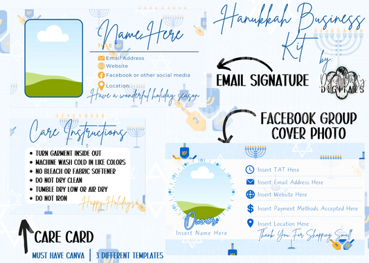 Hanukkah Business Kit Canva Templates - Includes Facebook Group Cover Photo, Email Signature, and Care Card Must have Canva!