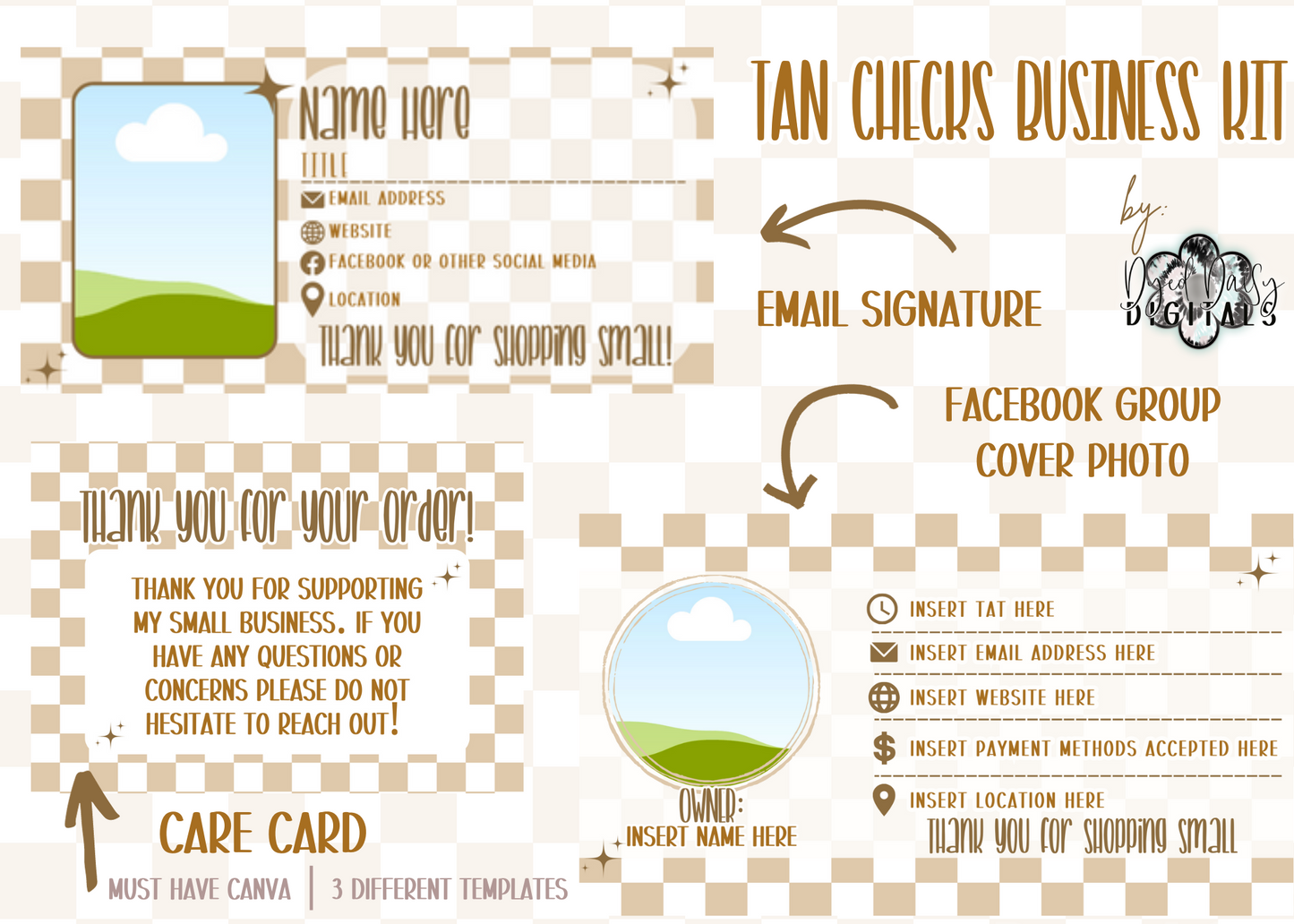 Tan Checks Business Kit Canva Templates - Includes Facebook Group Cover Photo, Email Signature, and Care CardMust have Canva!