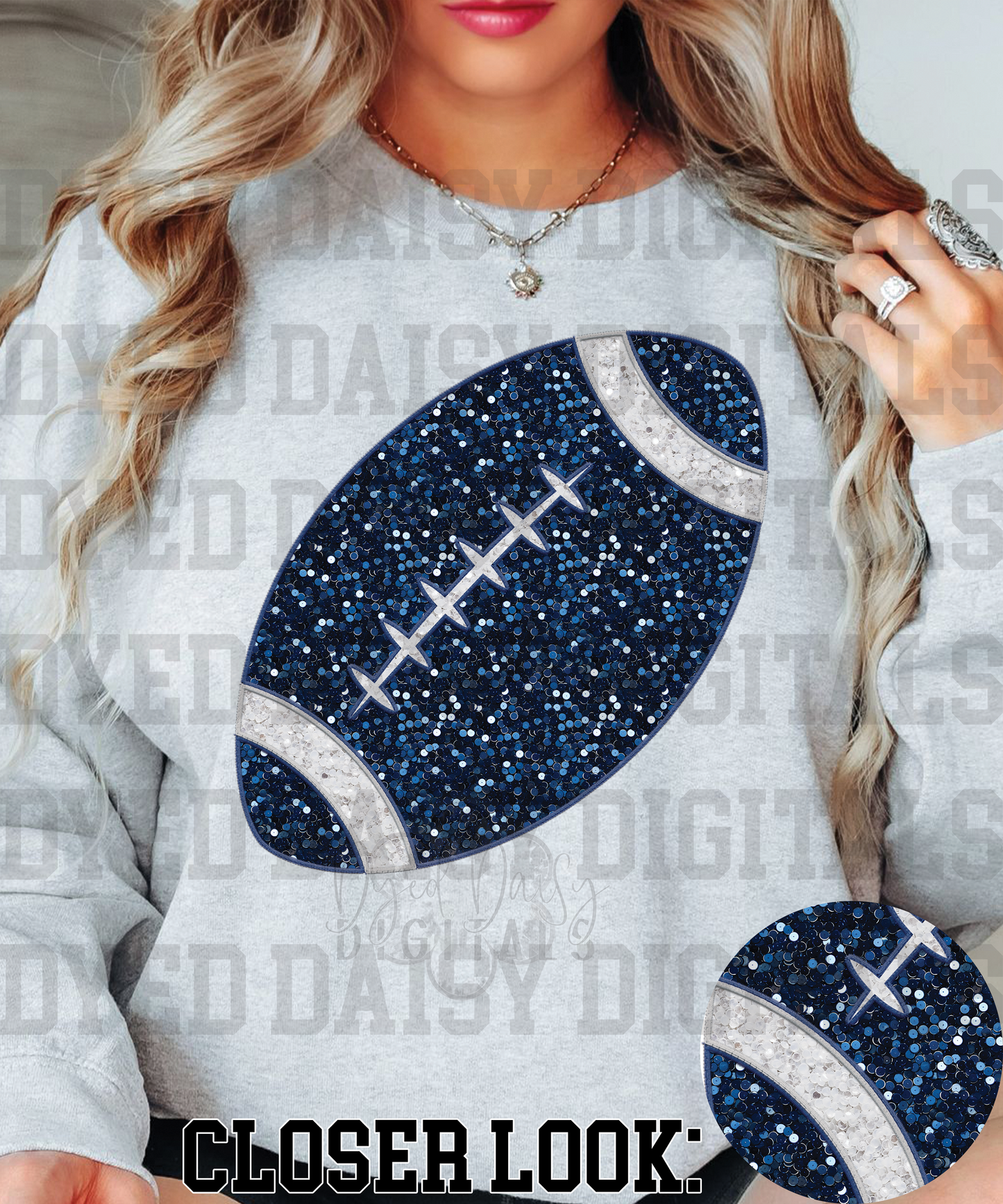 Navy and White/Silver Football Faux Sequin Faux Embroidery  Digital Download