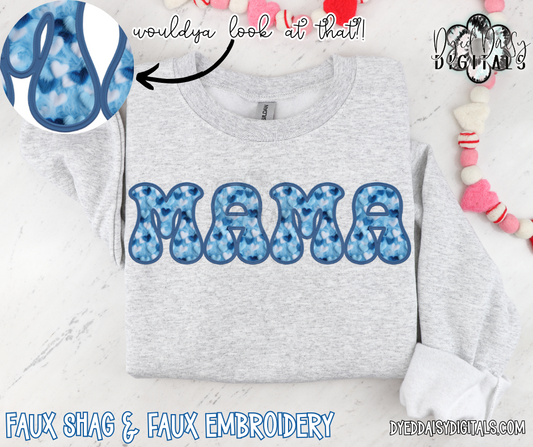 Blue Fuzzy Hearts MAMA Faux Embroidery & Faux Shag Digital Download