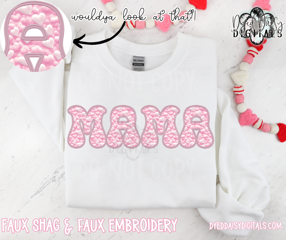 MAMA Pastel Hearts Faux Embroidery & Faux Shag Digital Download