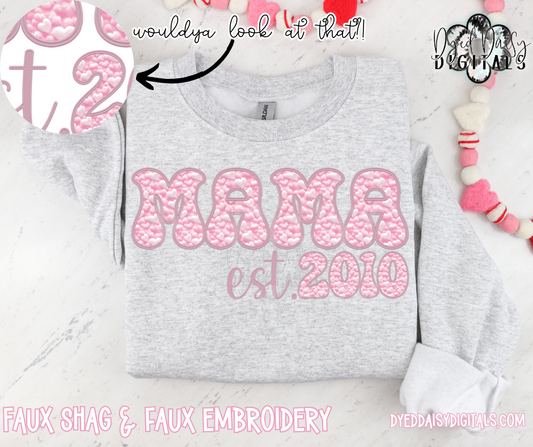 Mama Est. (with numbers for date!) Pastel Hearts Faux Embroidery & Faux Shag Digital Download