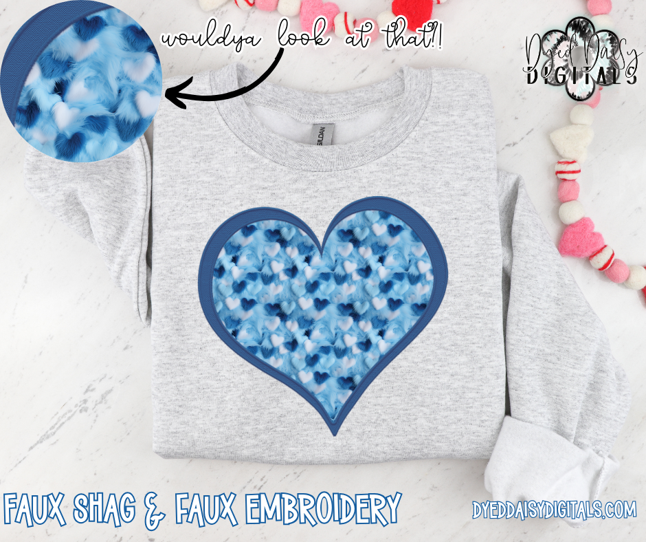 Blue Fuzzy Heart Faux Embroidery & Faux Shag Digital Download