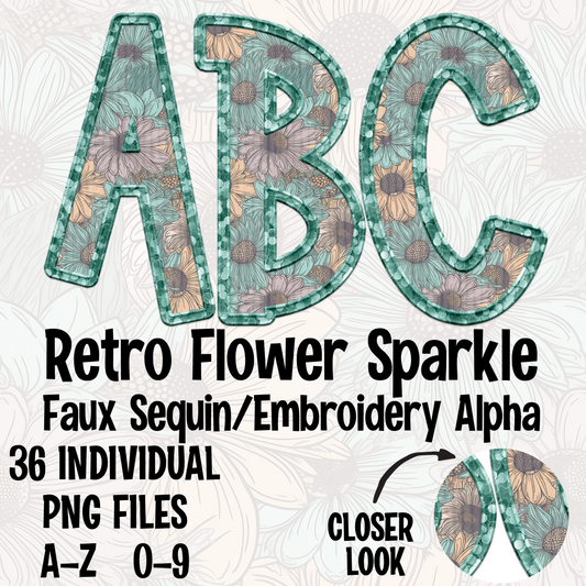 Retro Flower Sparkle Faux Embroidery & Sequins Alpha Set Digital Download