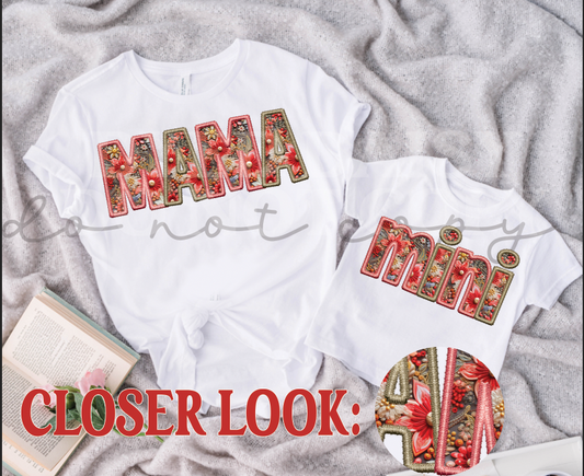 Red Floral Faux  MINI Embroidery - Digital Download (must purchase MAMA separately)