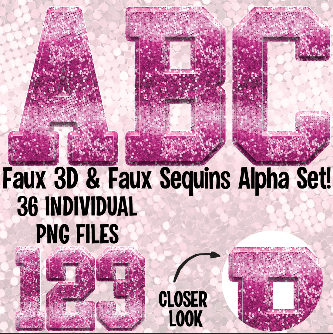 3D Effect Pink Faux Sequins Alpha Set Digital Download