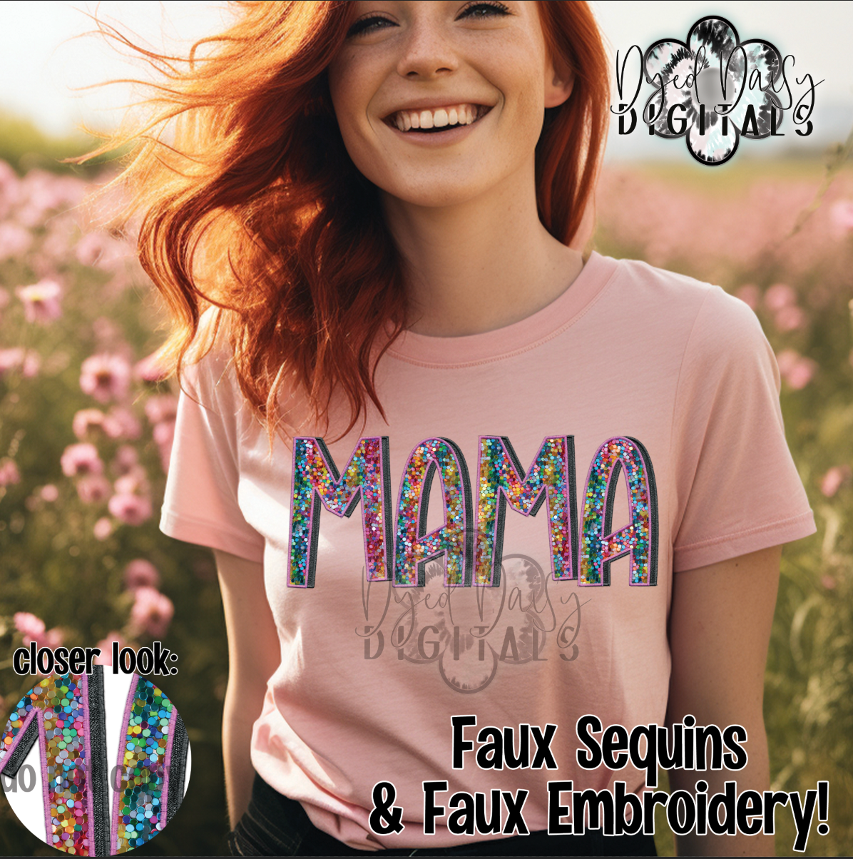 Mama Rainbow Sequin double faux embroidery & Faux Sequin Digital Download