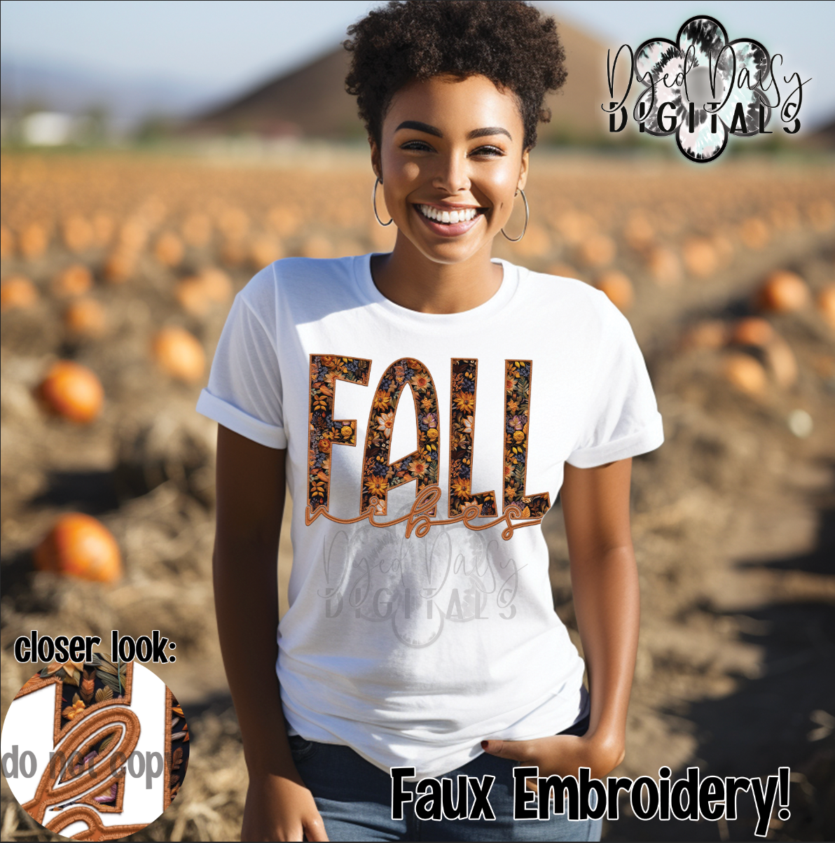 Fall Vibes Fallish Flowers Pattern - Faux Embroidery -  Digital Download