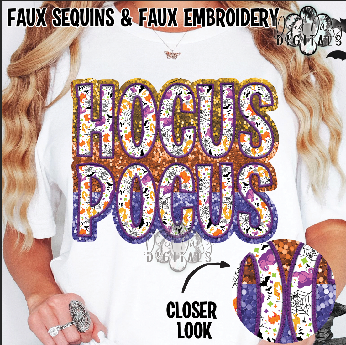 Spooky Sisters Pocus - Faux Sequin & Faux Embroidery Digital Download