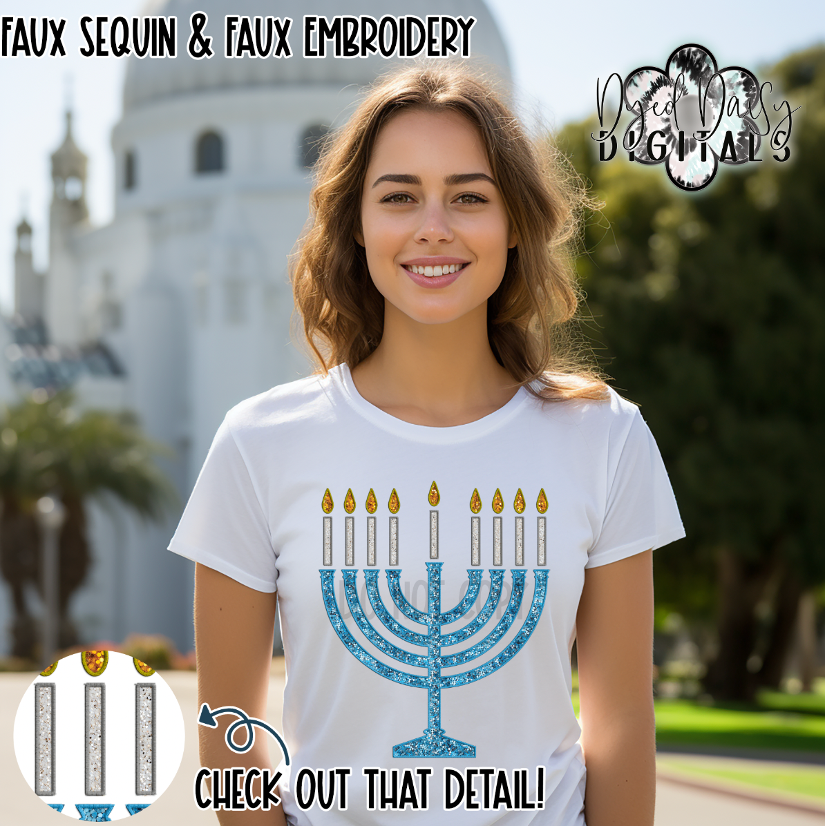 Menorah - Faux Sequins and Faux Embroidery - Digital Download