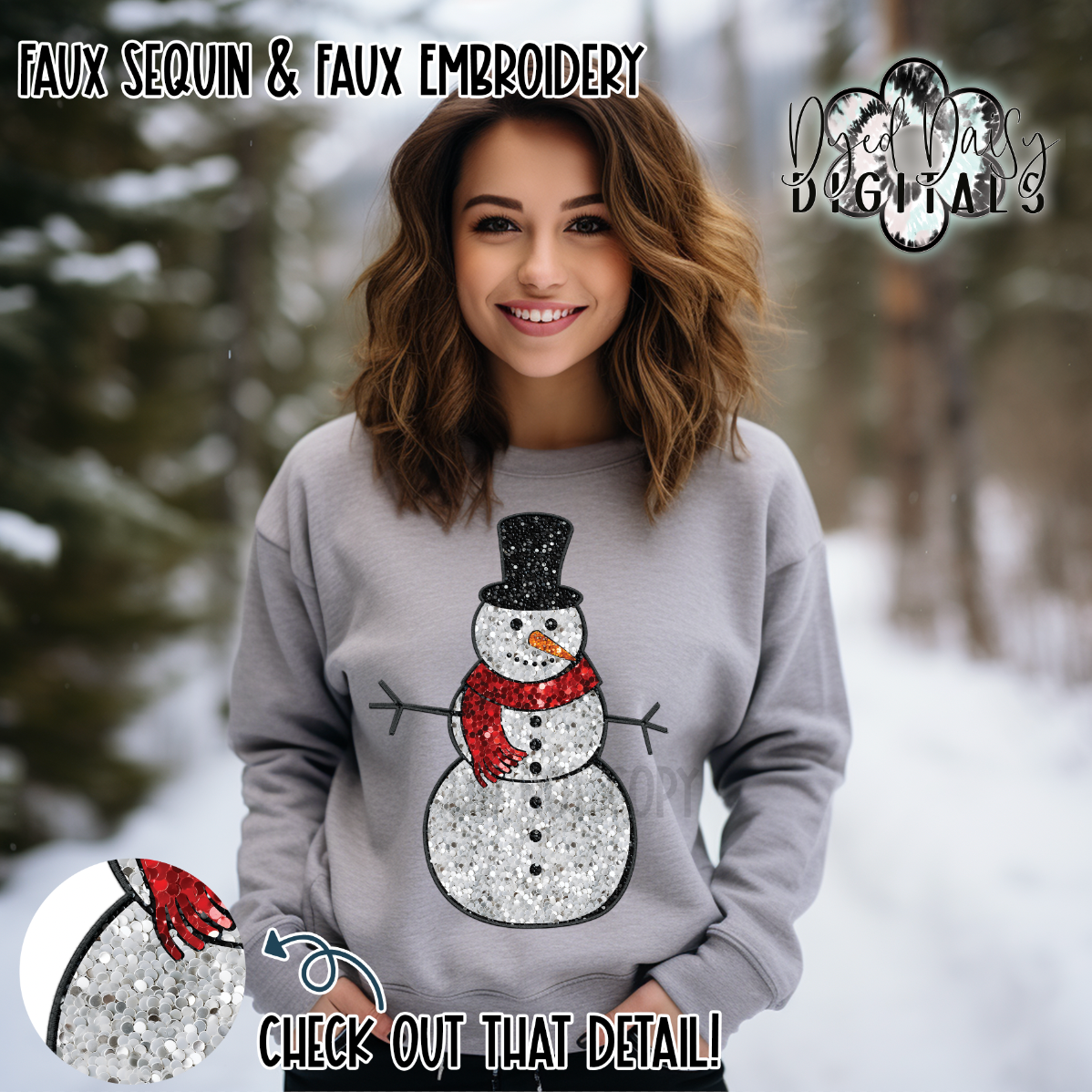 Snowman - Faux Sequins and Faux Embroidery - Digital Download