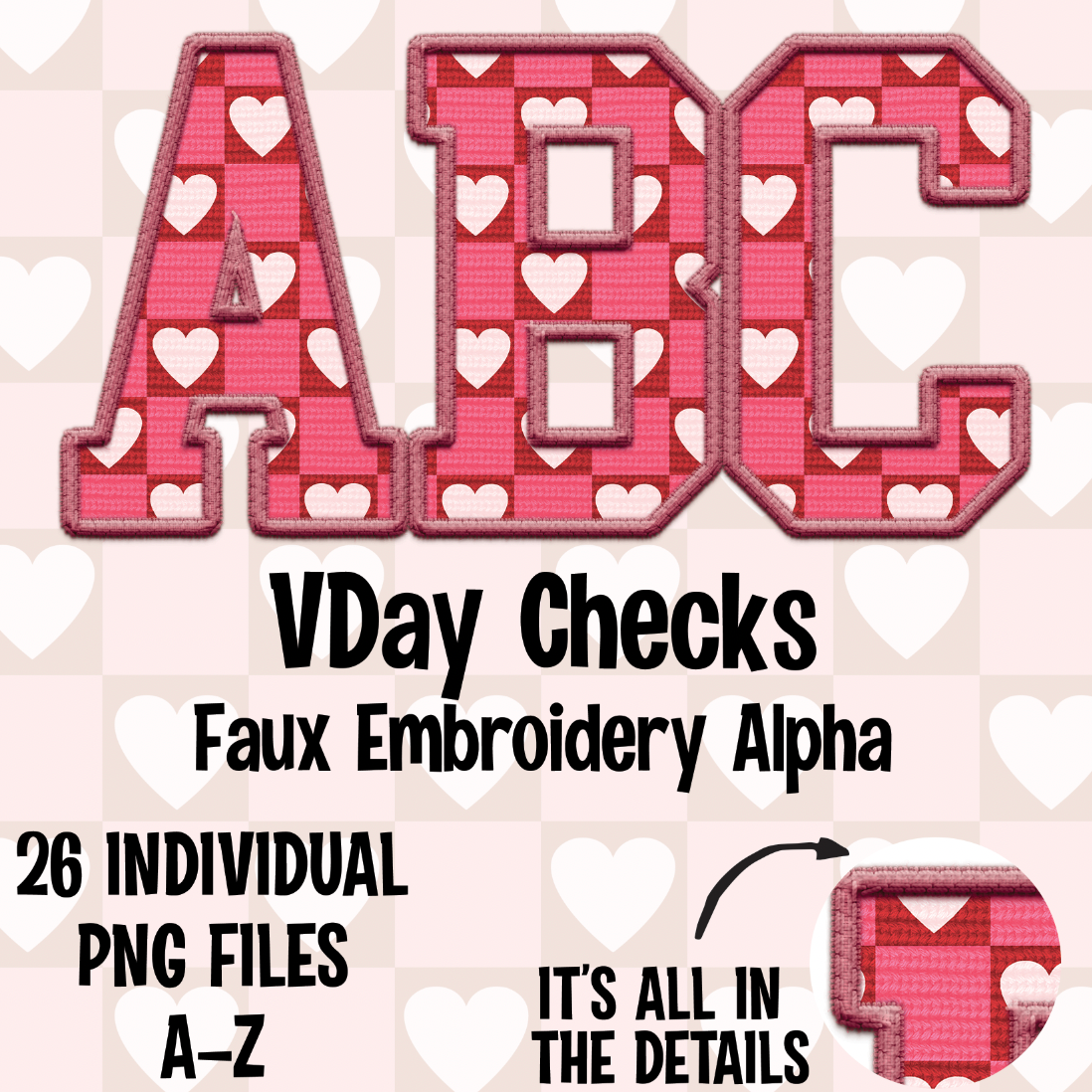 Valentine's Checks Faux Embroidery Alpha Set Digital Download