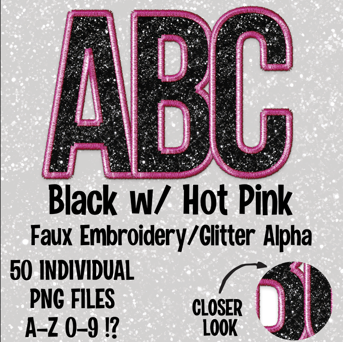 Black with Hot Pink Faux Embroidery Alpha Set Digital Download