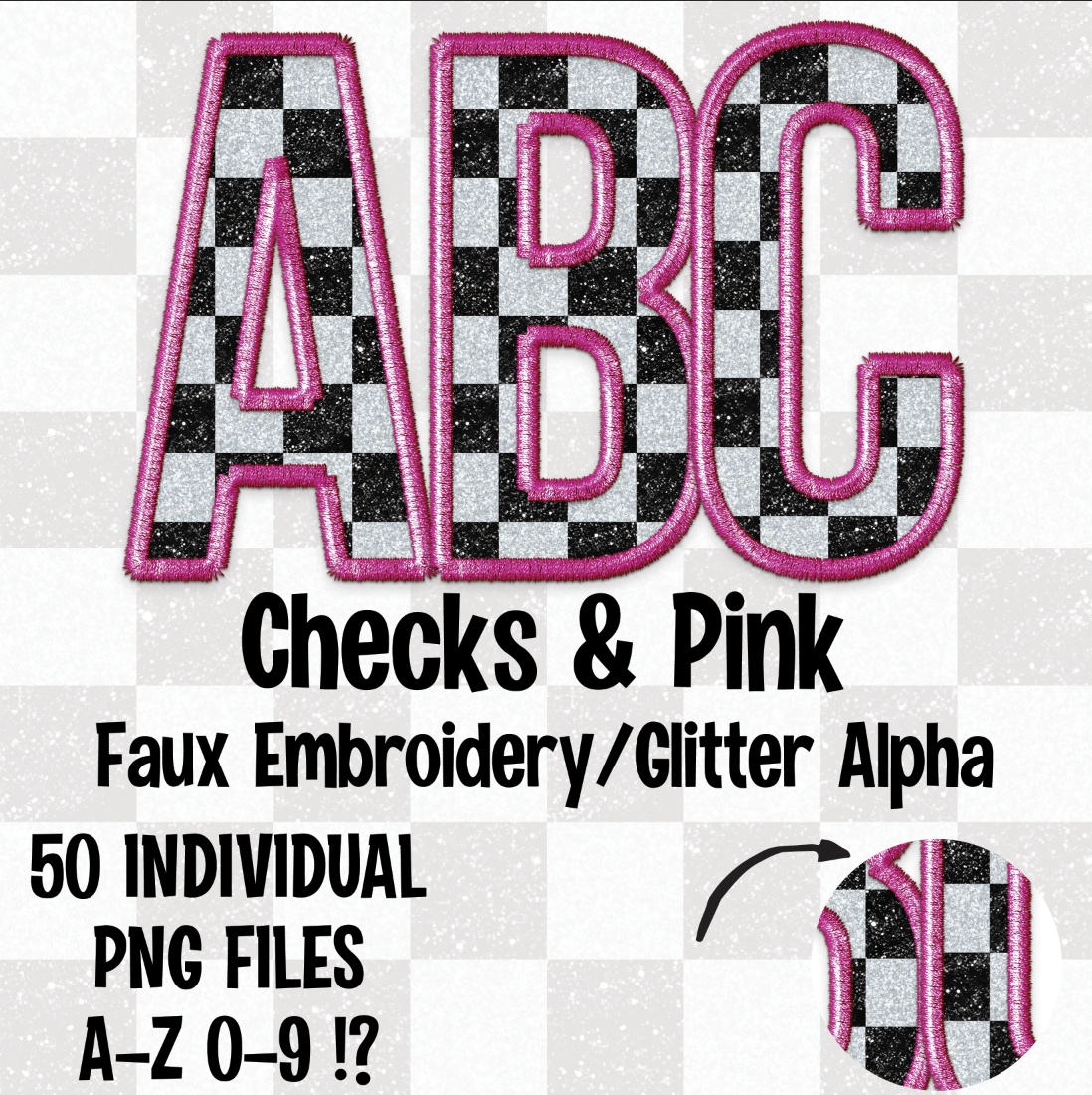 Checks and Hot Pink Faux Embroidery/Glitter Alpha Set Digital Download