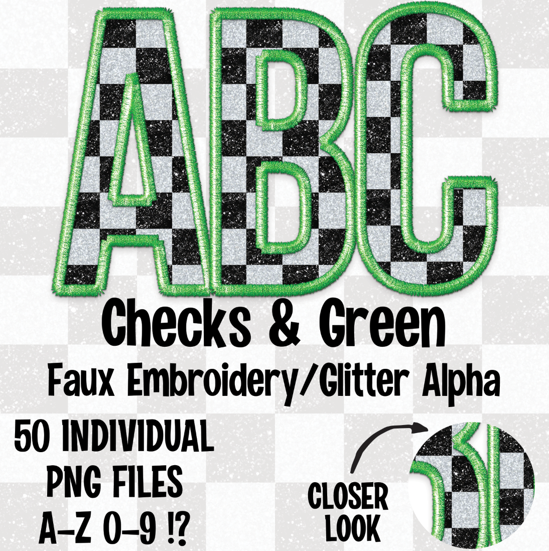 Checks and Lime Green Faux Embroidery/Glitter Alpha Set Digital Download