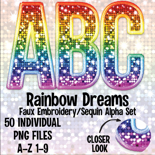 Rainbow Dreams Faux Embroidery Faux Sequins Alpha Set Digital Download