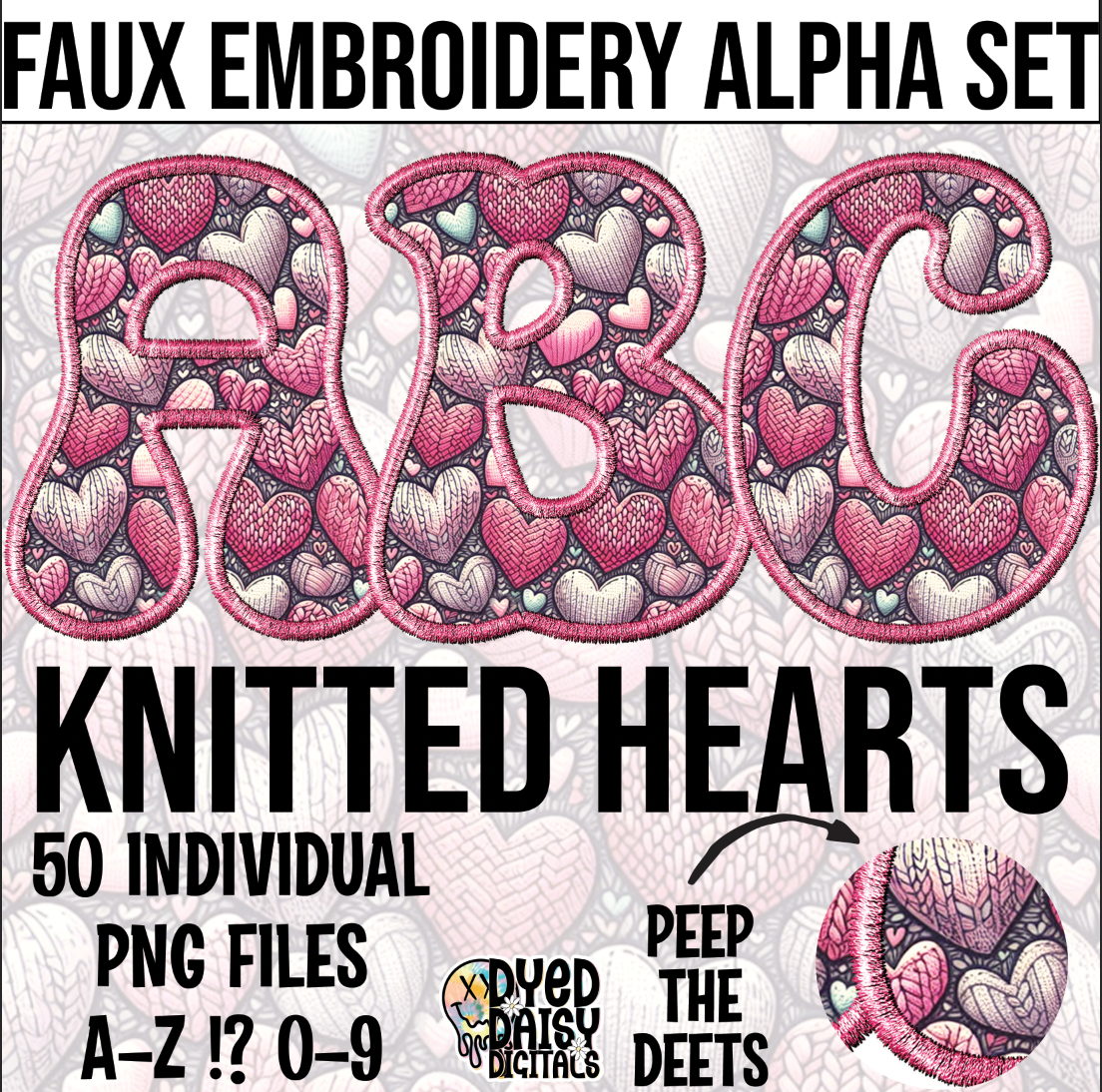 Knitted Hearts Faux Embroidery Alpha Set Digital Download