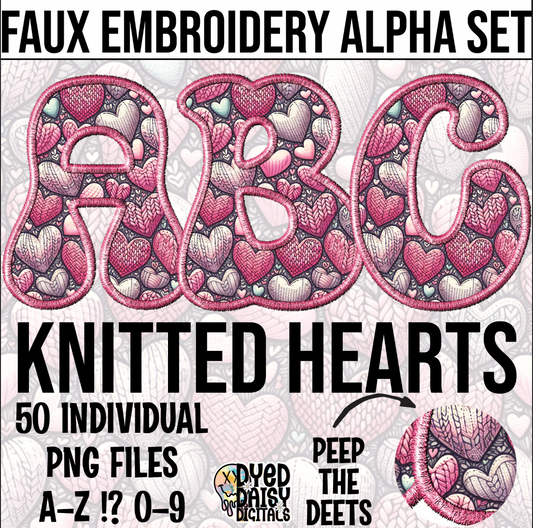 Knitted Hearts Faux Embroidery Alpha Set Digital Download