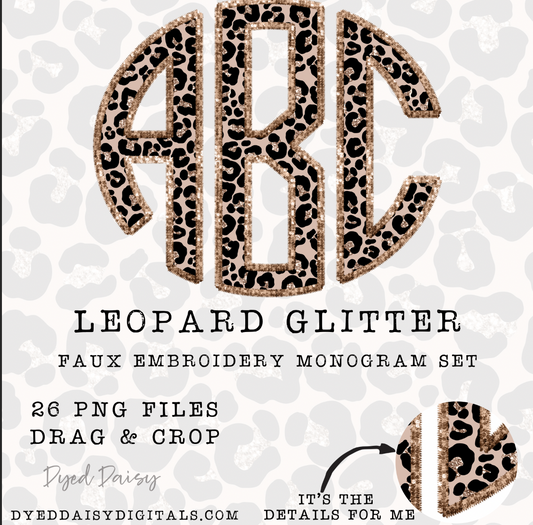 Leopard Glitter Faux Embroidery MONOGRAM Set Digital Download - 26 Letter PNGs