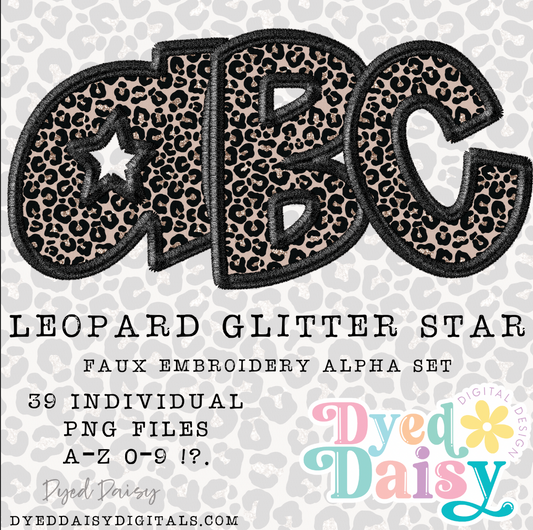 Leopard Glitter Stars FAUX EMBROIDERY Alpha Set Set Digital Download - 39 PNGs