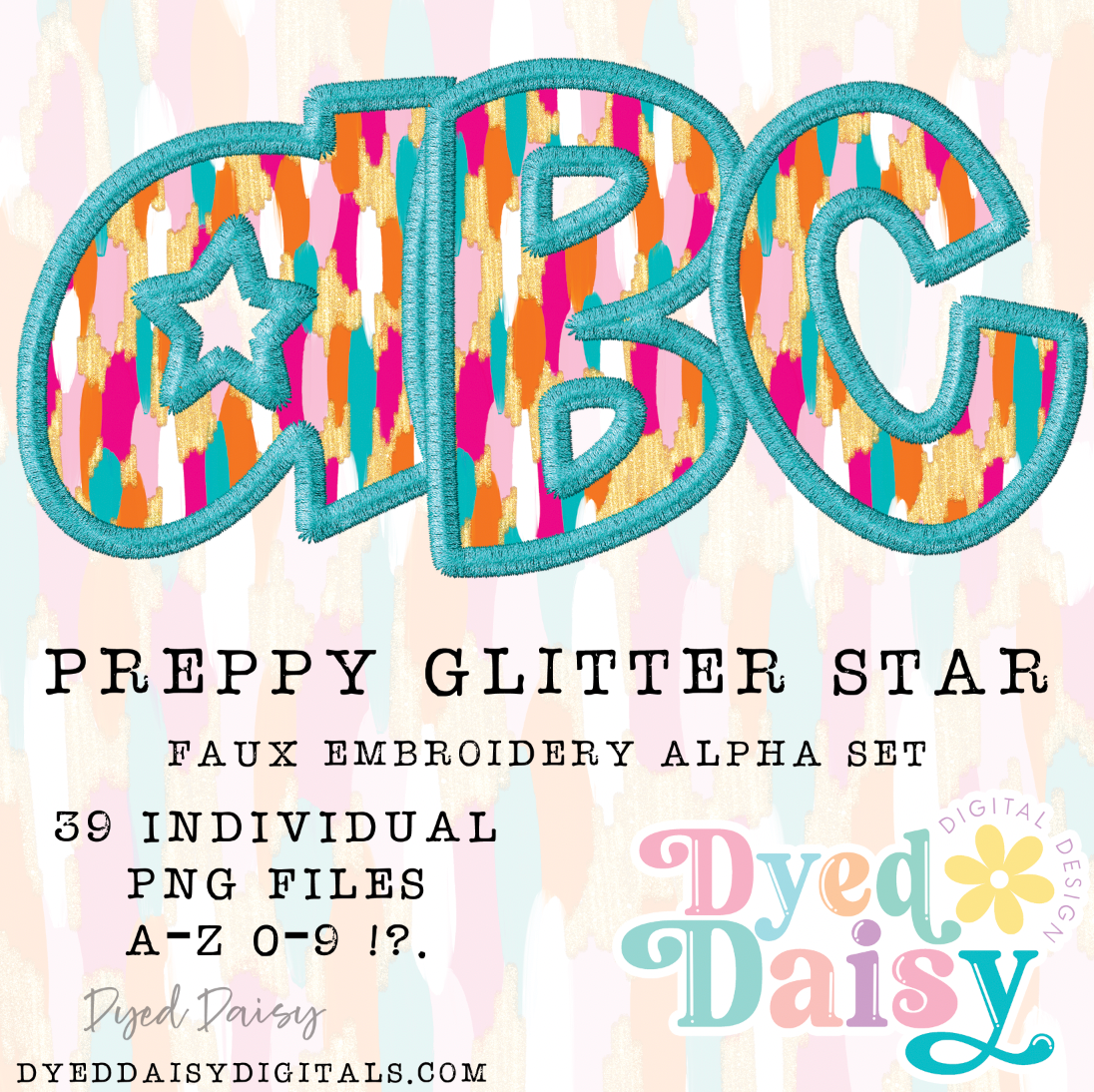 Preppy Glitter Stars FAUX EMBROIDERY Alpha Set Set Digital Download - 39 PNGs