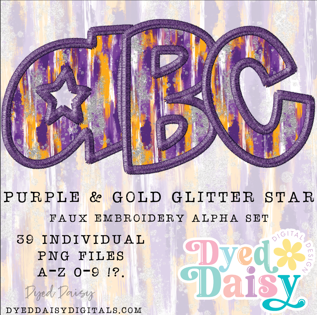 Purple and Gold Stars FAUX EMBROIDERY Alpha Set Set Digital Download - 39 PNGs